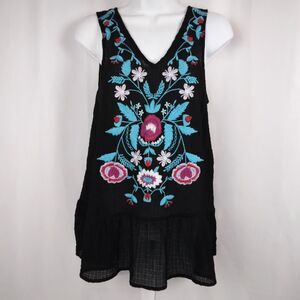 Fourteen & 9th Black Gauzy Embroidered Floral Sheer Tank Top Women's Small
